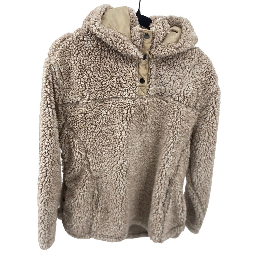 CoffeeShop Womens sz L Sherpa Pullover Tan Faux Fur New York Boutique hoodie